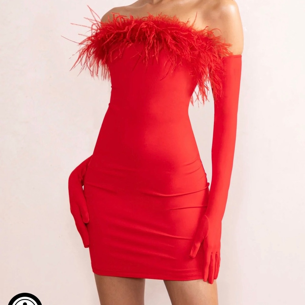 Stop the Show - Red Feather Trim Strapless Bodycon Mini Dress - Size L/US 12